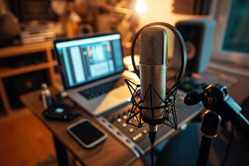 a close up of a microphone on a desk in a cozy modern podcast studio room with a laptop pc and...