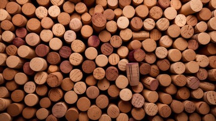 Top view of the texture of the many brown and beige wine corks in the winery.