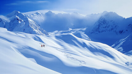 Schnee auf den Bergen und Alpen mit Skifahrer Kaiserwetter Problem Gletscherschmelze und Skitourismus wegen Schneemangel Generative AI - obrazy, fototapety, plakaty