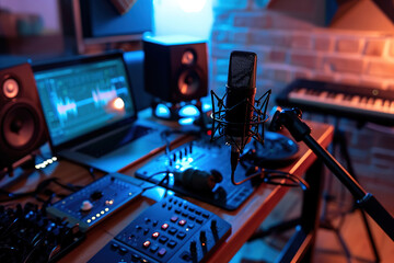 a close up of a microphone on a desk in a cozy modern podcast studio room with a laptop pc and...