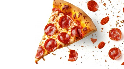 Template with delicious tasty slice of pepperoni pizza flying on white background. Generative AI