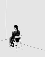 Mental health awareness campaign, importance of alone time. Conceptual design. Monochrome illustration of woman sitting on chair, facing corner. Mental health, depression and sadness, therapy concept