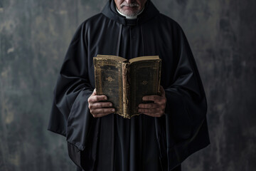 a catholic christian church priest wearing black cassock robe holding the holy bible book in his hands. face seen. isolated on dark grey / black background.