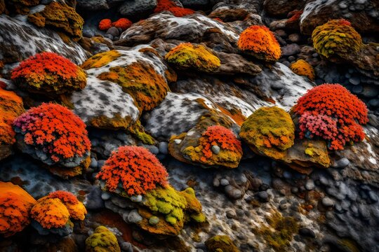 Textured volcanic rocks covered in colorful lichen © Waqas