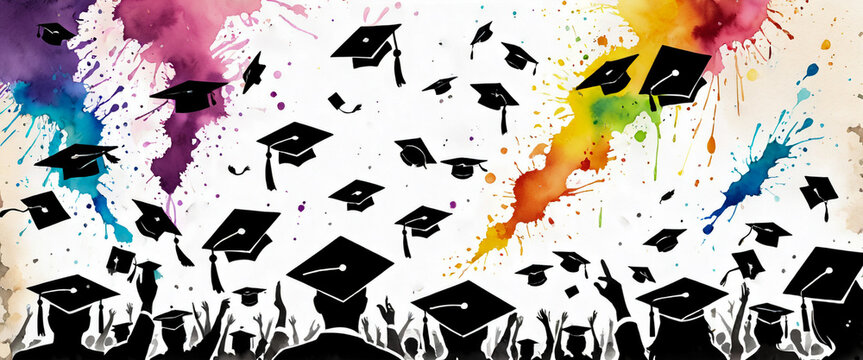 Silhouettes of people celebrating graduation by throwing their graduation caps high. Illustration in watercolor style.