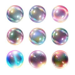 set of colorful spheres soap bubbles isolated on white background, crystal glass transparen