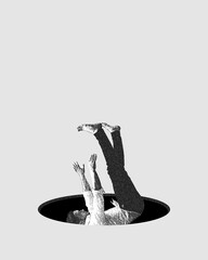 Man falling down into black hole symbolizing lost with reality. Uncertainty and unstable position....