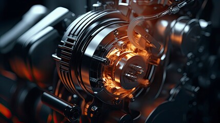 A detailed and dynamic industrial motor in action, illuminated by striking light effects that highlight the precision and technological advancement of today's manufacturing equipment. - obrazy, fototapety, plakaty