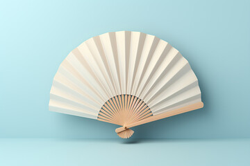 Wooden white open fan on a blue background. Generated by artificial intelligence - obrazy, fototapety, plakaty