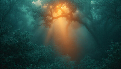 Fototapeta na wymiar Fantasy forest. Fairy tale magical morning forest with sunlight beams. Magical particles swirl among the fantastically enchanted trees. Mystical woods.