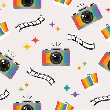 Seamless pattern with cameras, photos, films, stars and rainbow elements on a light background. Vector illustration.
