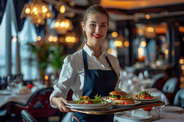 a beautiful young smiling server waitress in restaurant with plates with food on a tray in a...