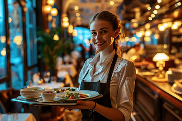 a beautiful young smiling server waitress in restaurant with plates with food on a tray in a expensive luxury restaurant bringing food to a table in her hands. - obrazy, fototapety, plakaty