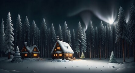 Fantastic winter landscape with snow covered house in the forest at night