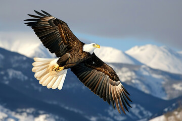 a beautiful north american bald eagle flying high in the sky. breathtaking scenic landscape view on mountains nature. desktop wallpaper background.