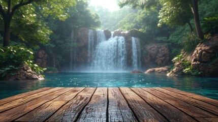 Empty wood table top with water fall background, for products display
