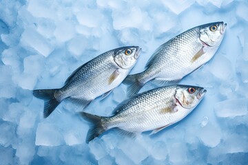 Fresh fish photographed in a cold pile of ice. generative AI