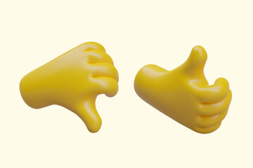 Realistic yellow hand showing thumb down, thumb up. Gesture of denial and agreement. Yes and no sign. Set of vector illustrations for creative web design