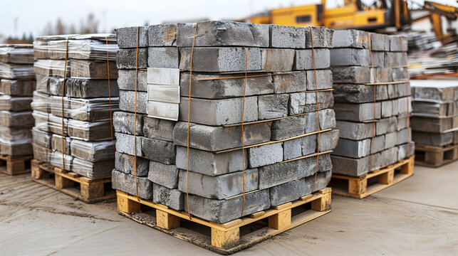 Stacked concrete paving stones secured on wooden pallets outdoors