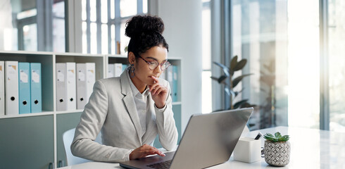 Thinking, laptop and typing business woman, bank consultant or working on research report, project...