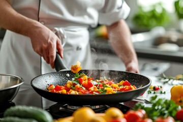 Chef in an apron stirring vegetables in a frying pan