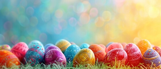A banner with a cascade of Easter eggs on one side, lwith copy space for text. isolated on pastel background