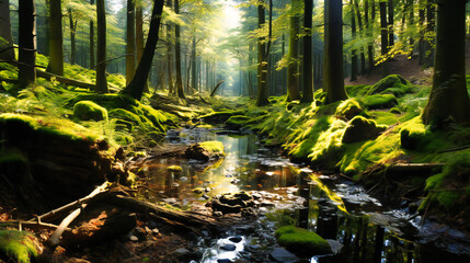 Obraz premium Green Forest Scene with Sunlight, Nature and Water Stream, Peaceful Landscape with Trees and Moss
