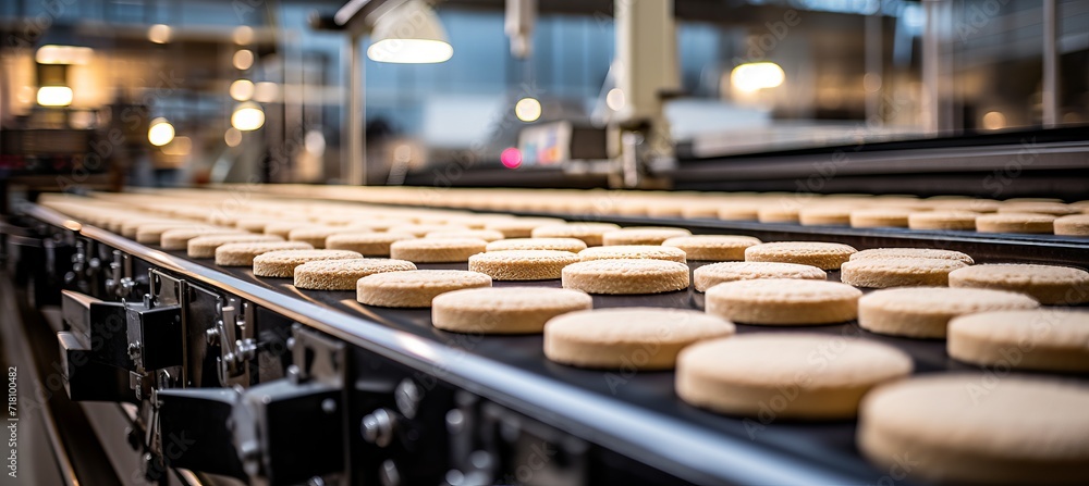 Poster efficient cookie production line on high speed conveyor belt in busy confectionery factory