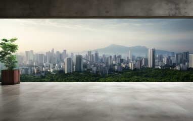 Fototapeta premium A large empty floor with a backdrop of urban views and tall buildings. generative AI