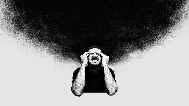 Man suffering from obsessive thoughts, creating darkness around him. Focus on human psyche. Concept of mental health, depression and sadness, therapy, emotions. Conceptual modern design.