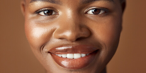 Face of black woman, natural beauty or glow for wellness, cosmetics or healthy skin in studio....