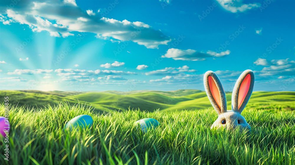 Wall mural bunny ears toy in green grass field and decorated eggs, easter background