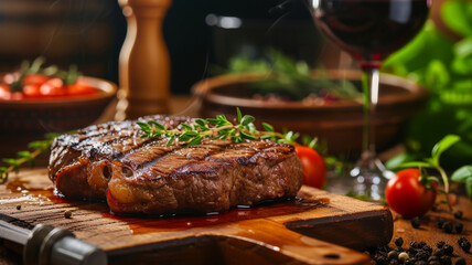 Grilled Steak Drizzled with Herbed Juices on a Rustic Cutting Board in a Gourmet Kitchen Ambiance