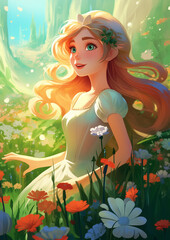 Obraz na płótnie Canvas Girl in a Flower Summer Meadow Illustration