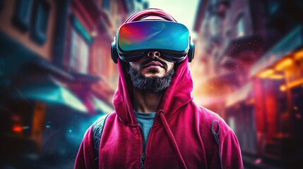 Fototapeta premium Man wearing virtual reality goggles. Virtual reality headset. Concept of technology and cyberspace. Illustration for cover, card, postcard, interior design, banner, poster, brochure or presentation.
