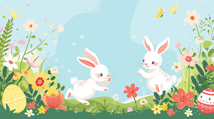 Fototapeta premium Happy Easter banner with hares. Trendy Easter design with typography, drawn plants, eggs and bunnies in pastel colors. Horizontal poster, greeting card, header for website, wallpaper