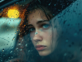 Woman Sitting in Car, Looking Out the Window in Traffic