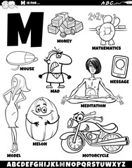 Letter M set with cartoon objects and characters coloring page
