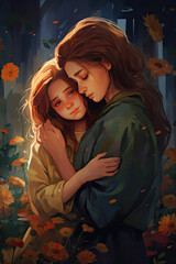 Painting Depicting Two Women Embracing in a Heartwarming Gesture