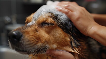 Adorable dog showering with shampoo in grooming salon   funny pet bathing portrait