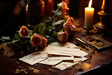 Naklejka na ściany i meble Vintage love letters scattered on a wooden desk, Generative AI