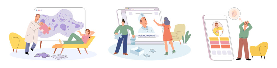 Obraz na płótnie Canvas Psychoanalysis vector illustration. Consultation with mental health professionals offers guidance and support in navigating mental health concerns Counseling sessions focus on understanding