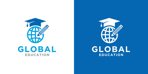 world education logo template, school, campus, graduation logo with a globe concept combined with a graduation cap and pencil