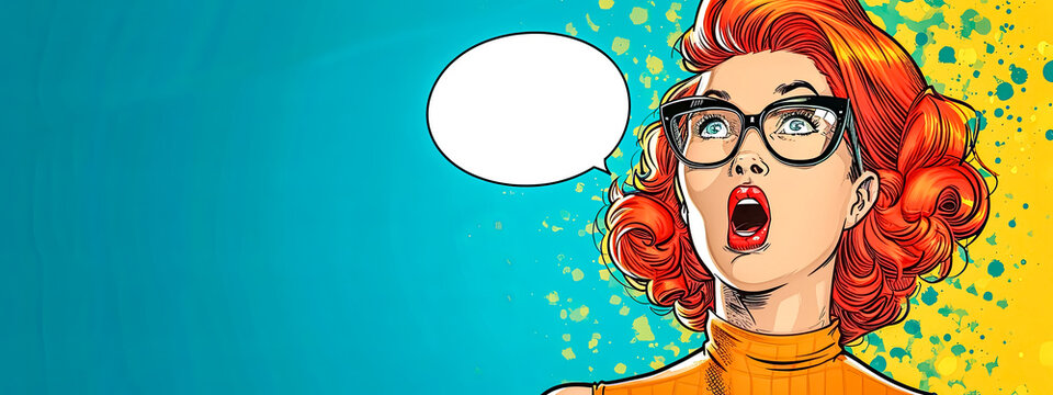 A vivid pop art style illustration of a shocked woman with red hair and glasses, featuring a speech bubble on a splattered turquoise and yellow background.