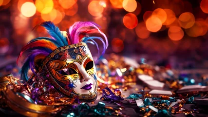 Fotobehang Bright carnival mask, colored ribbons and confetti on shiny blurred background © Kseniya