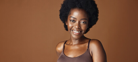 Face of black woman, afro model or natural beauty for wellness, cosmetics or healthy skin in...