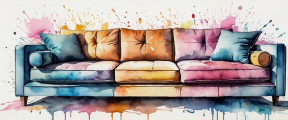 Multi seat sofa with soft cushions. Illustration in watercolor style painted in different colors.