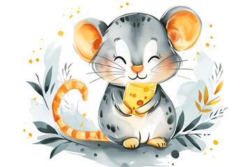Hand drawn cute cartoon mouse in style of childlike simplу watercolor. Doodle illustration
