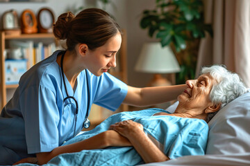 Obraz premium Female nurse caring about lying senior woman at home