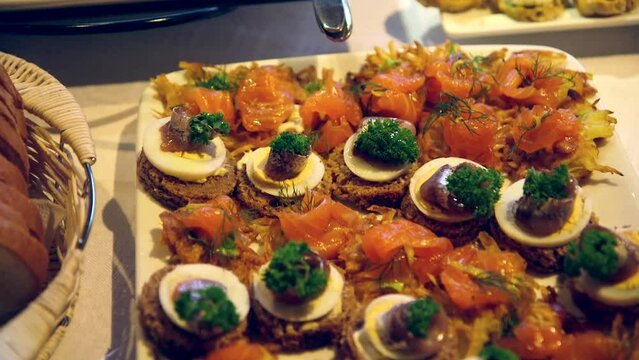 Dolly Close Up Shot of Canape Appetizers with Salmon and Herring